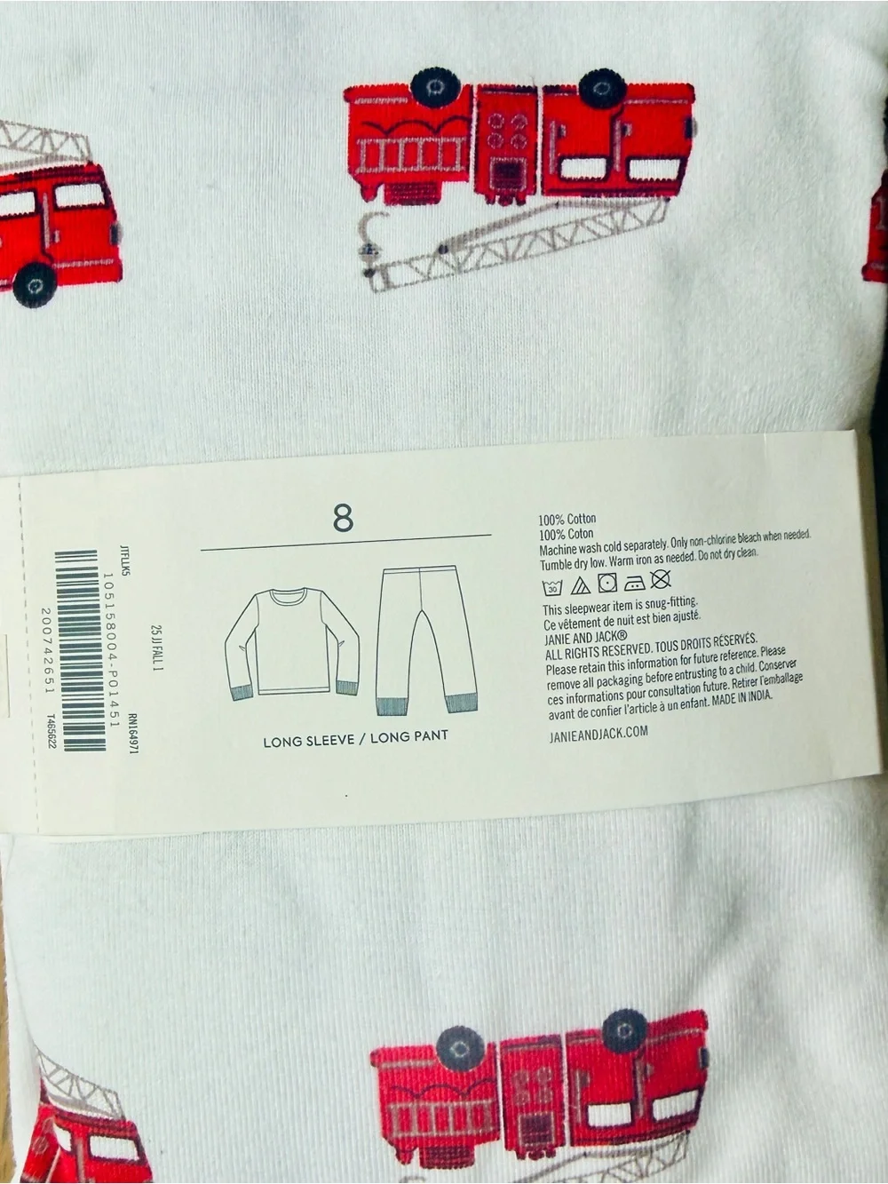 Janie and Jack Good Night Pajama In Firetruck - Long Sleeve/Pant-Size 8-NWT